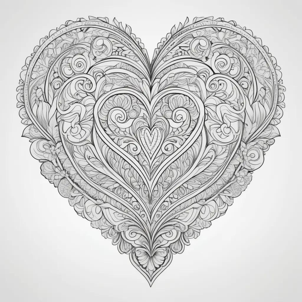 ornate heart coloring page with floral designs