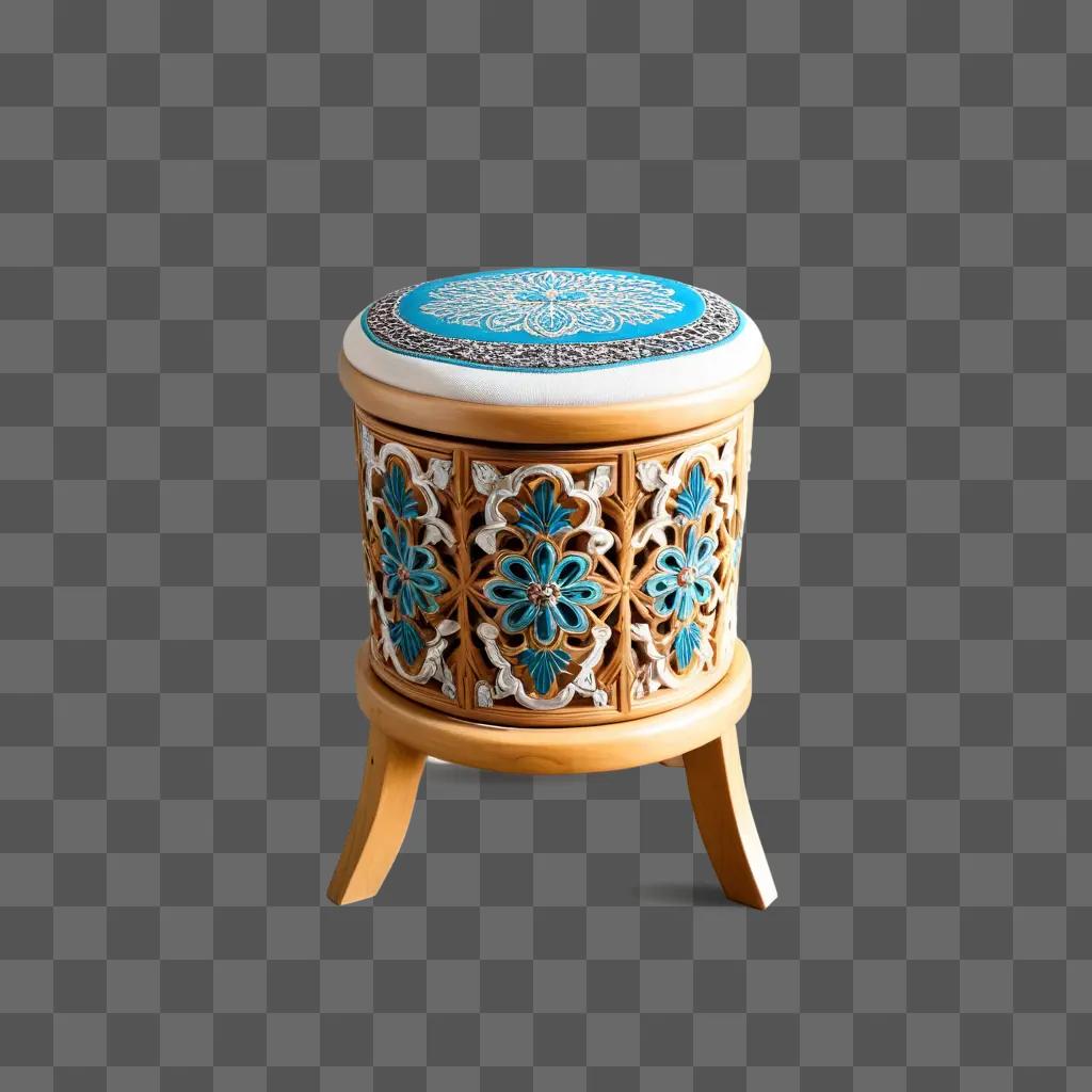 ornate stool with a blue and white design