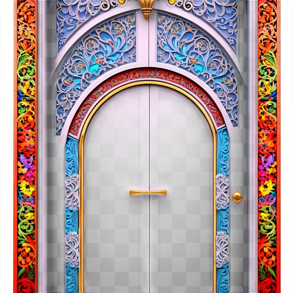 ornate white door with gold trim and colorful decorations