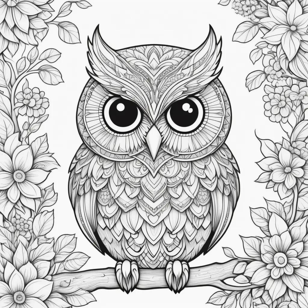 owl coloring page featuring an intricate design of flowers and leaves