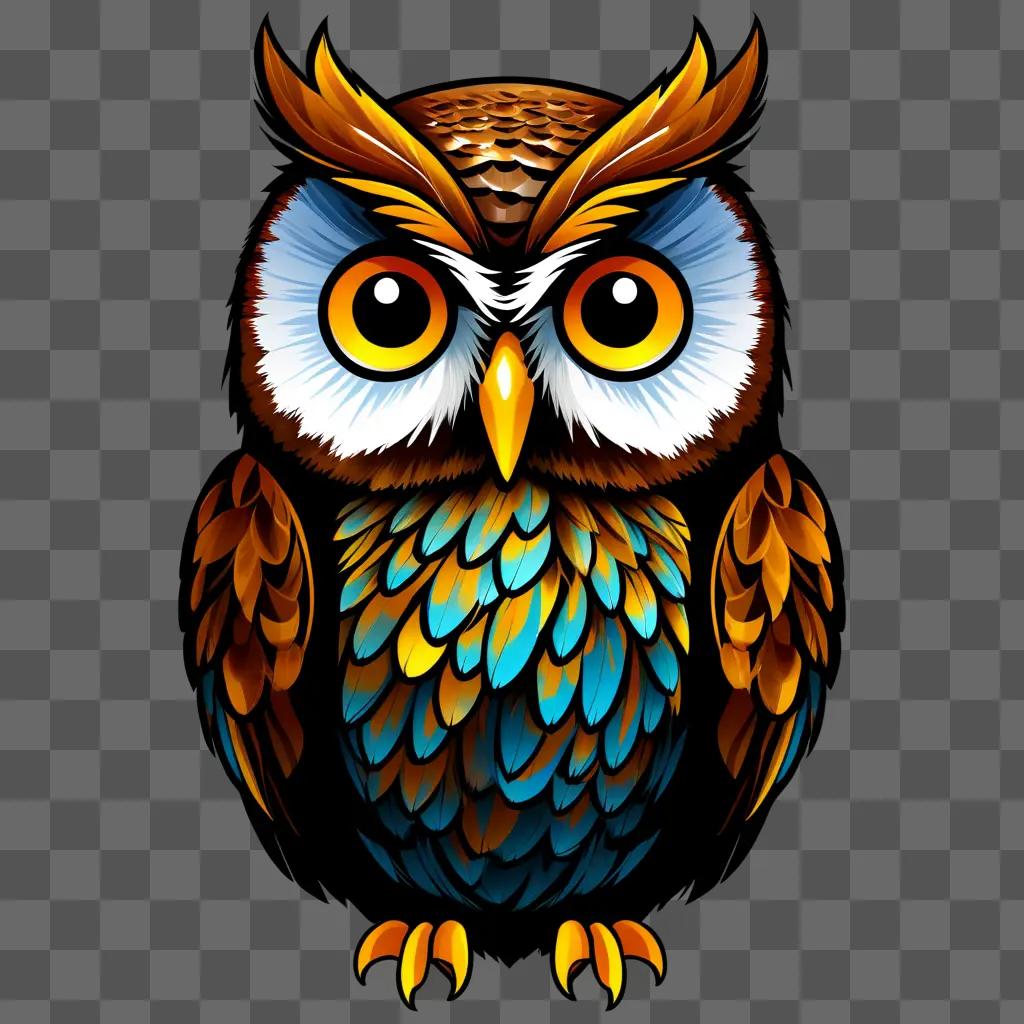 owl with orange and blue feathers sits on a brown background