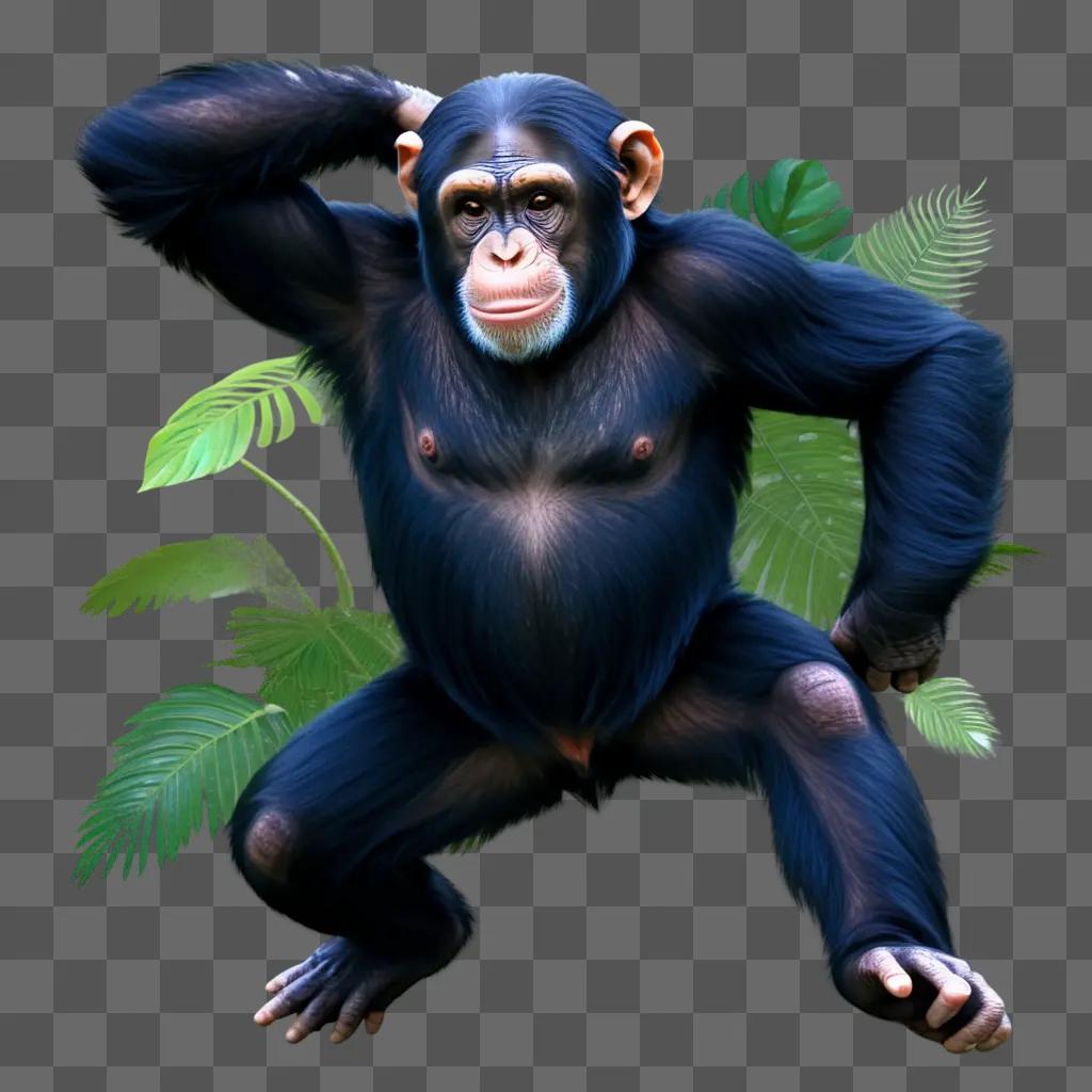 painted chimpanzee poses with leaves in the background