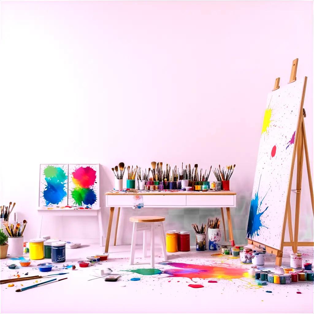 painters studio with a variety of colors and brushes