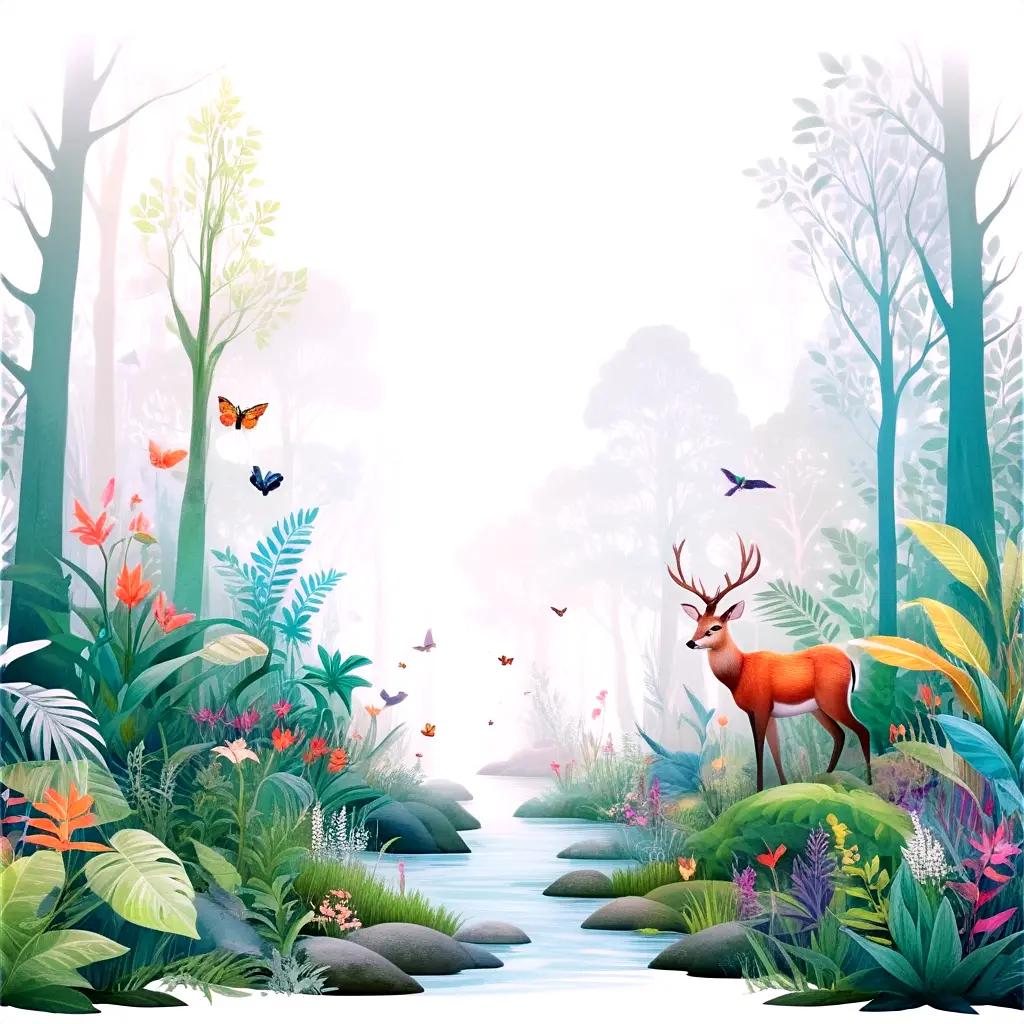 painting of a deer in a forest with butterflies and flowers