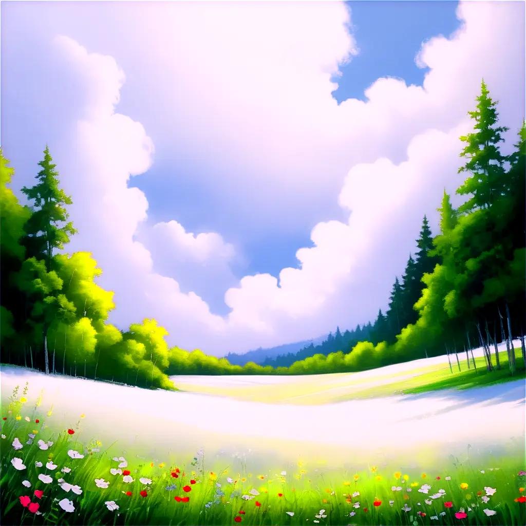 painting of a field with white paint on the clouds