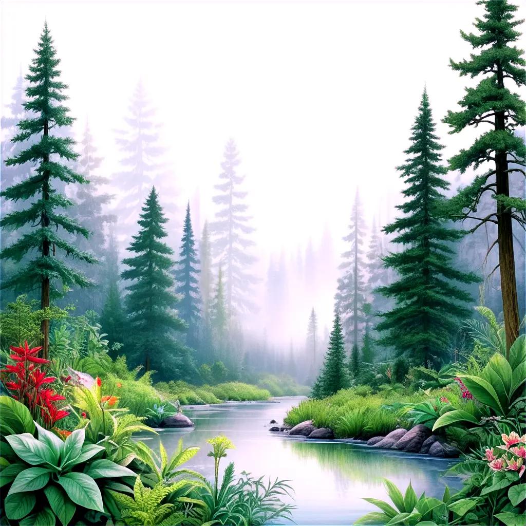 painting of a lush, green forest and a river