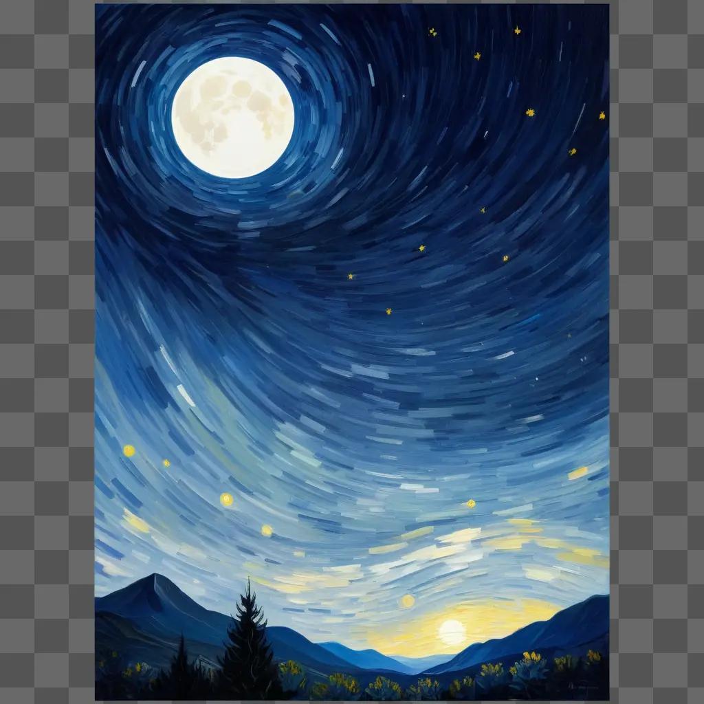 painting of a starry night sky with a bright moon