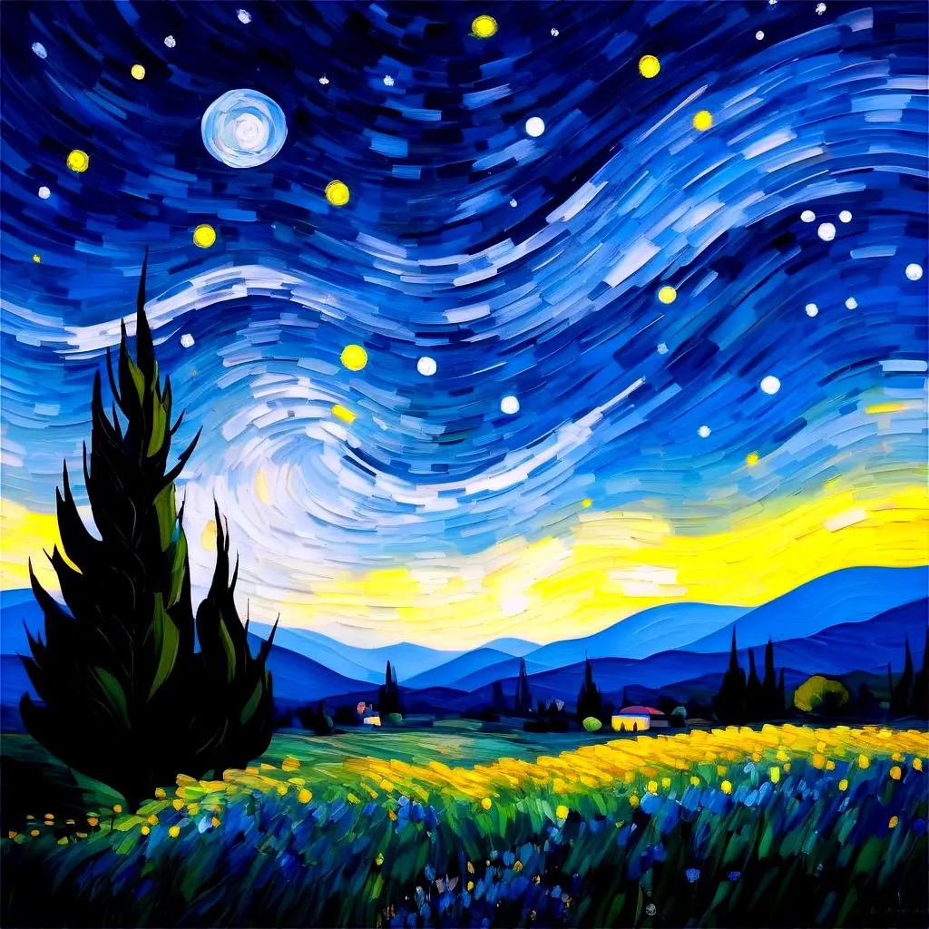 painting of a starry night sky with yellow flowers