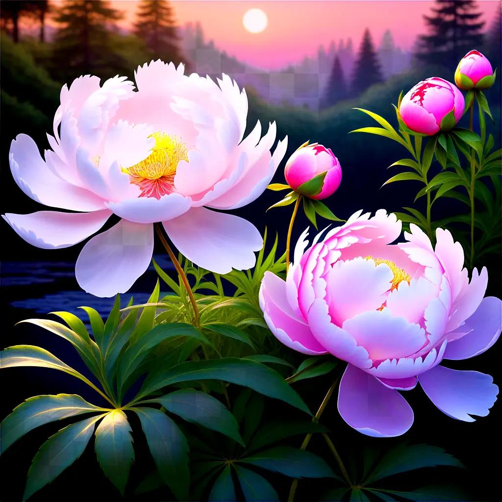 painting of peonies in the evening sun