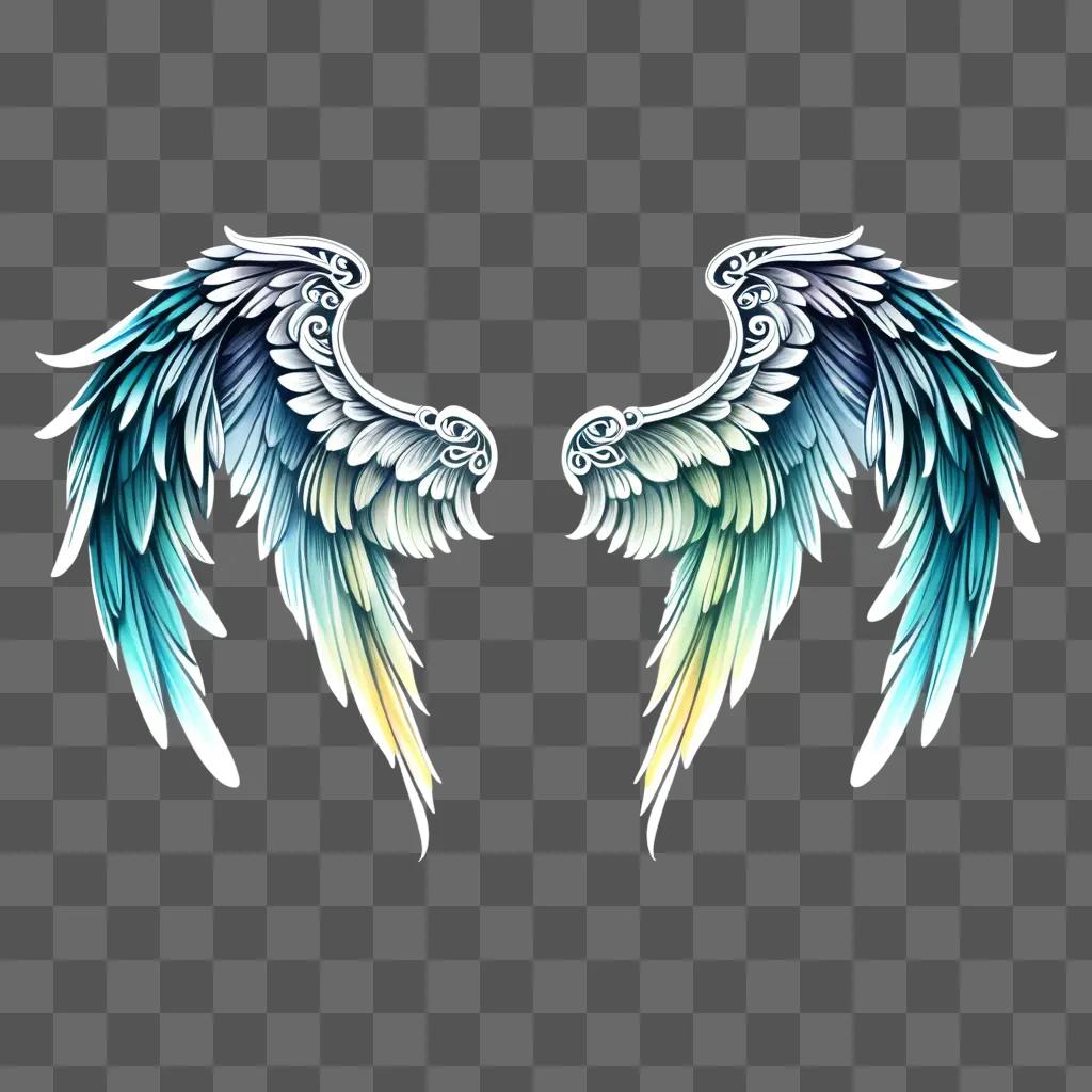 pair of beautiful angel wings drawing on a blue background