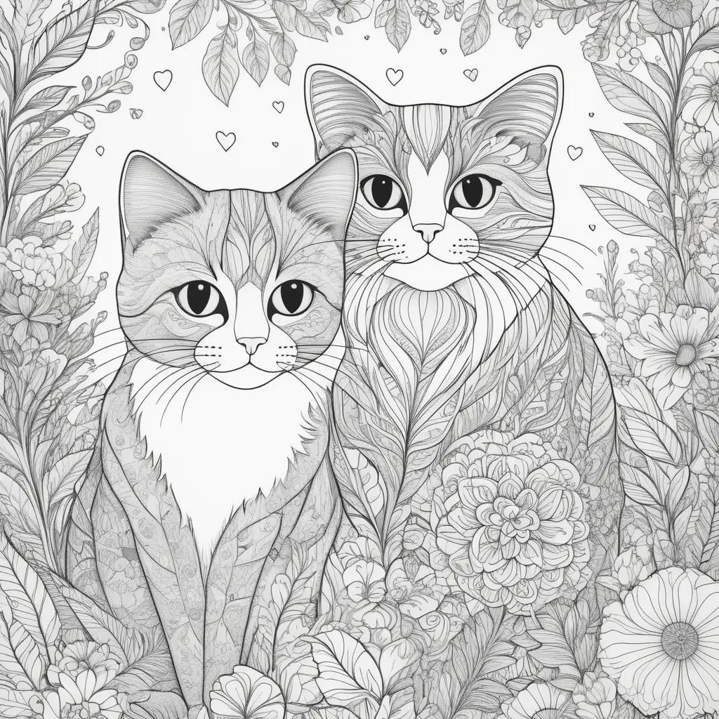 pair of cats in coloring pages with flowers