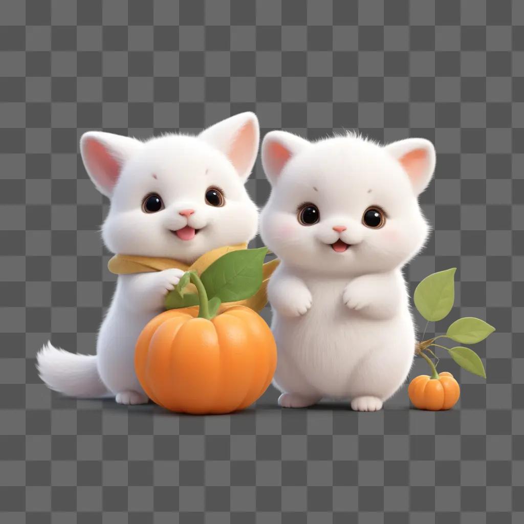 pair of cute white cats and a pumpkin