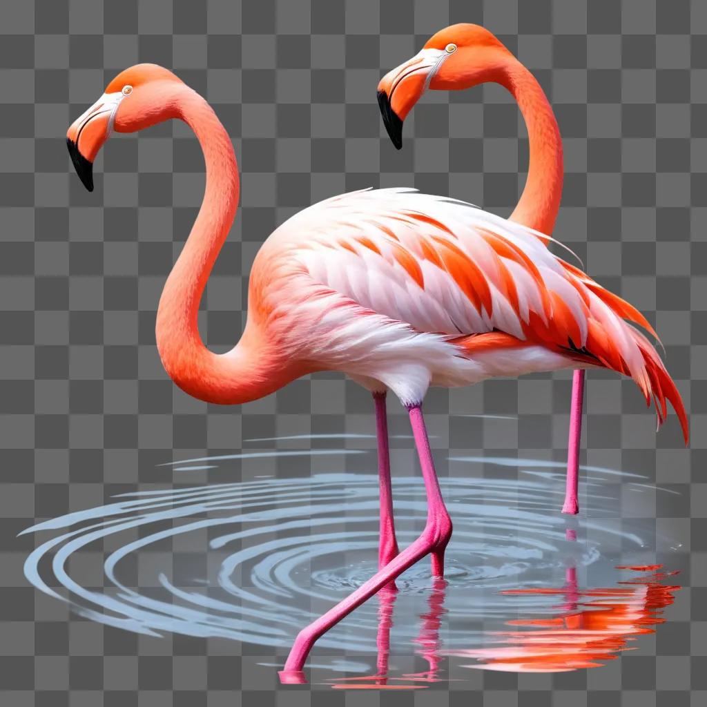 pair of flamingos stand in a pond