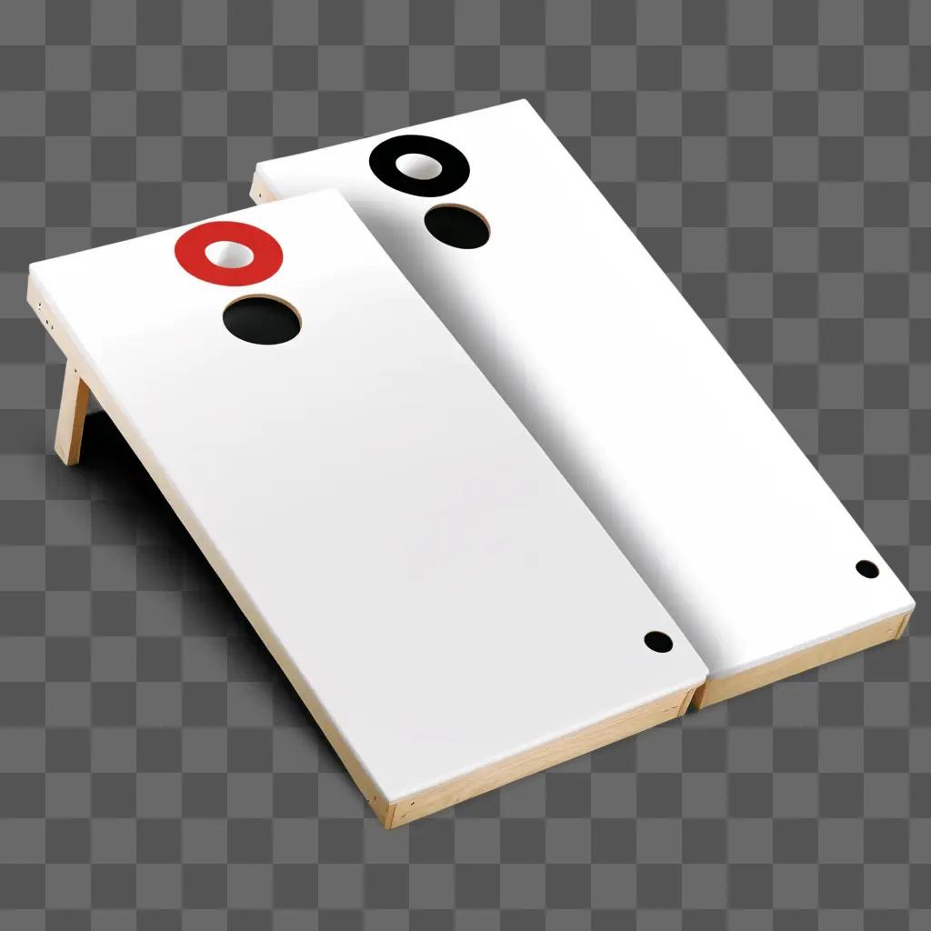 pair of white cornhole boards with black dots