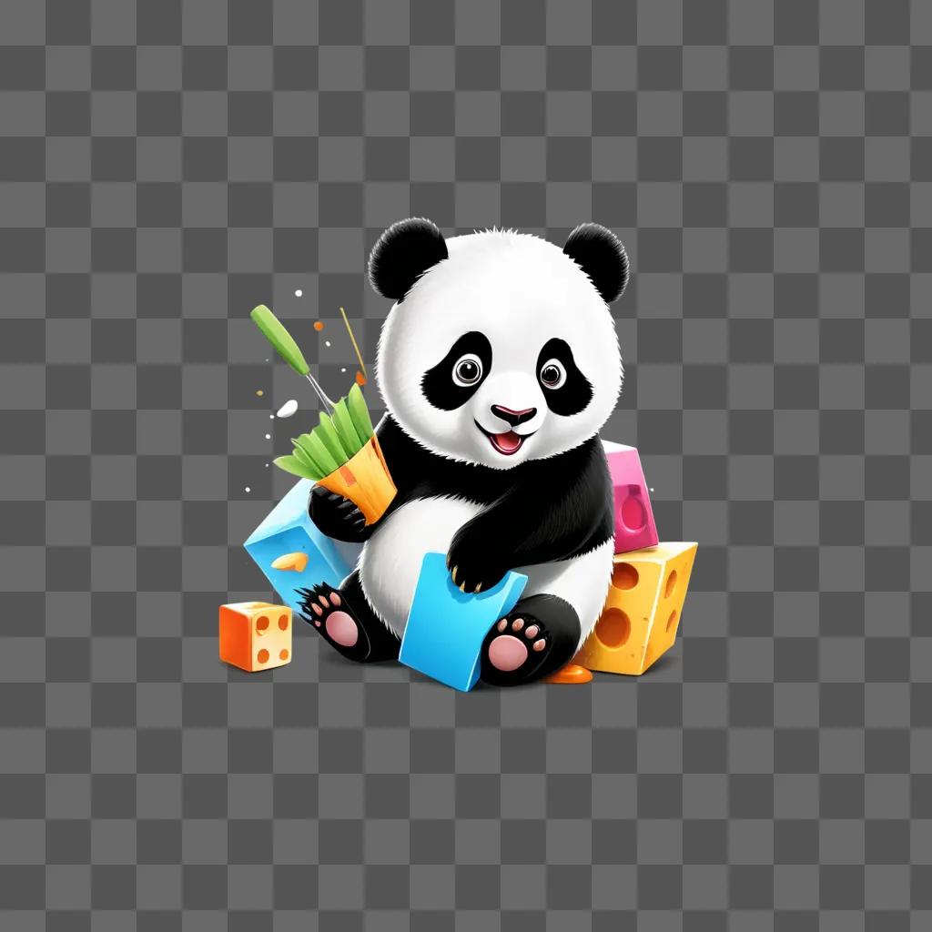 panda with a carrot and blocks in a colorful background