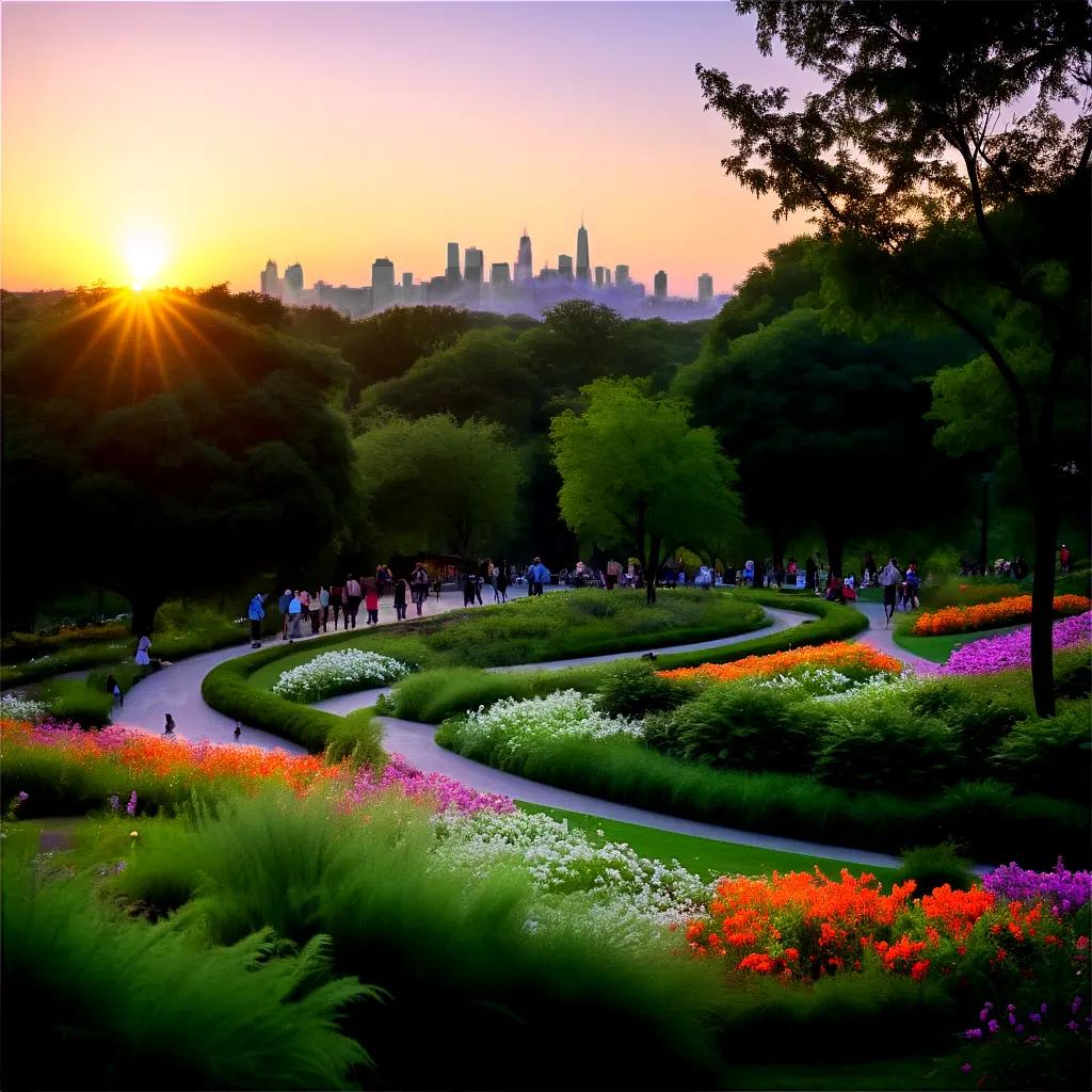 park at sunset with people walking on a path