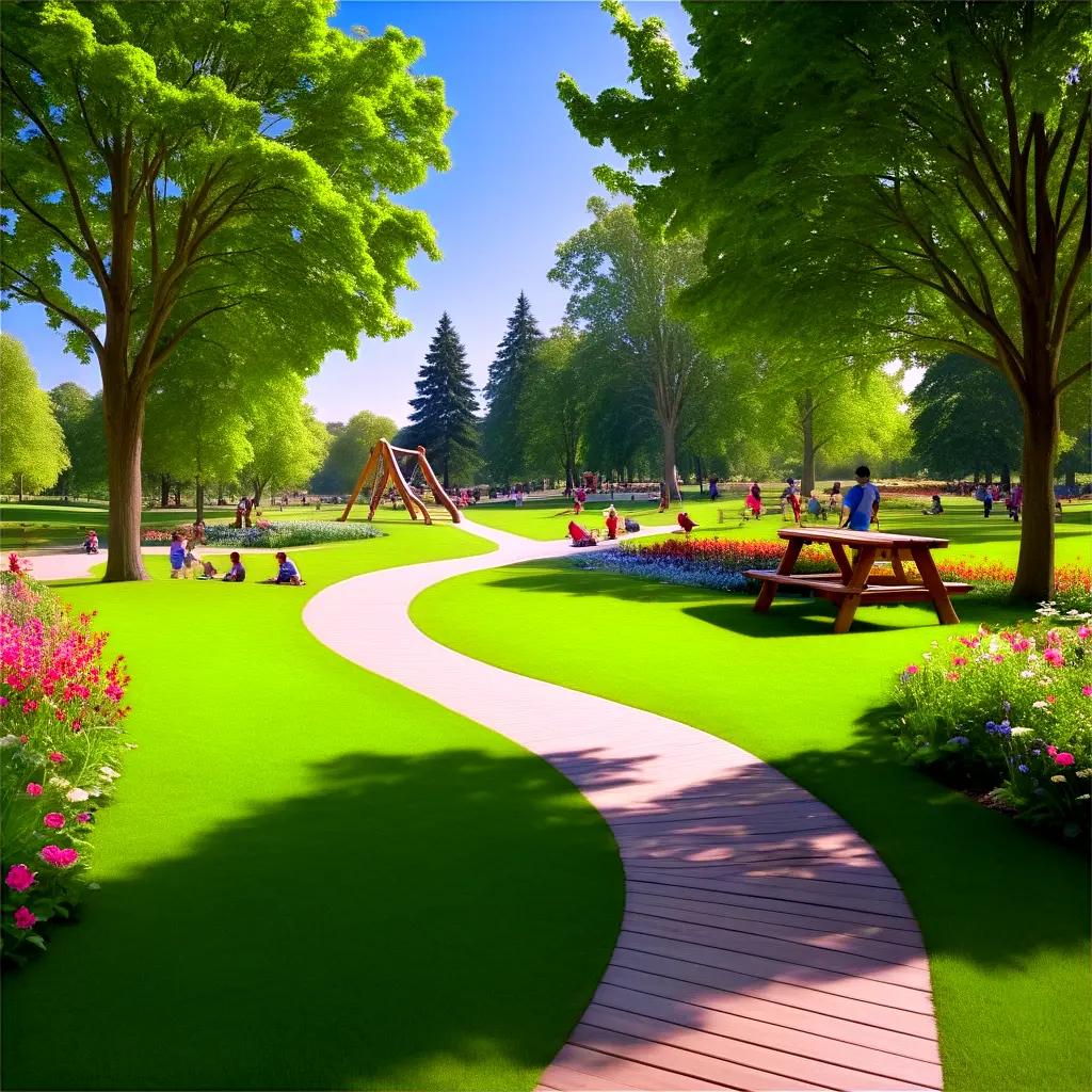 park scene with a walking path and a playground