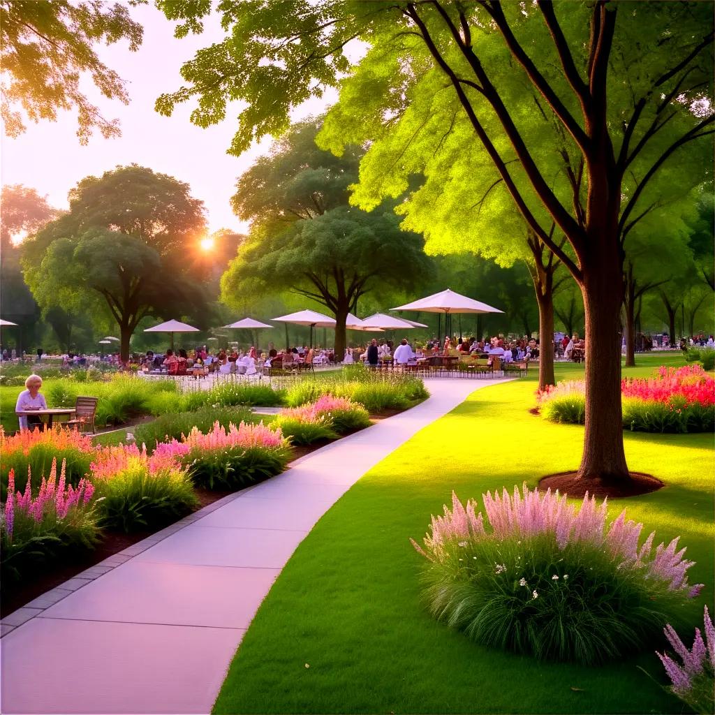 park with tables, umbrellas, and people enjoying the outdoors