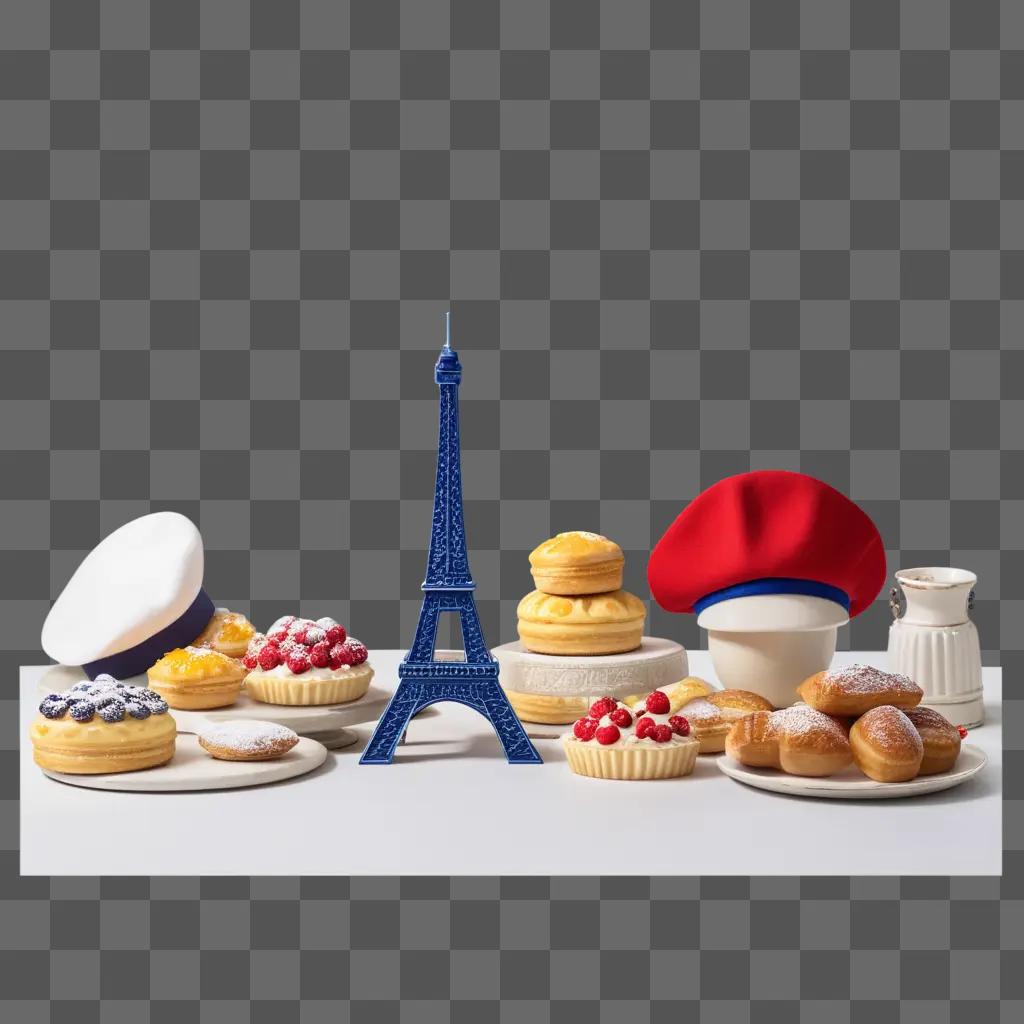 pastries on a table with the Eiffel tower in the background