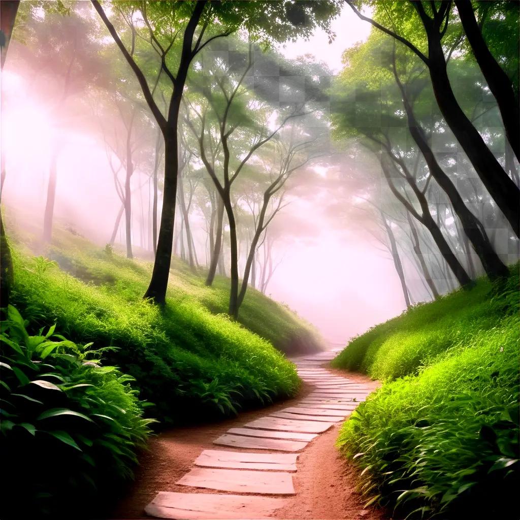 path through a forest with misty trails