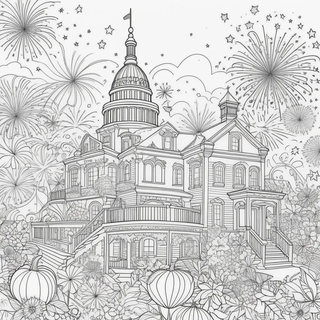 patriotic July 4th coloring page featuring a building and fireworks