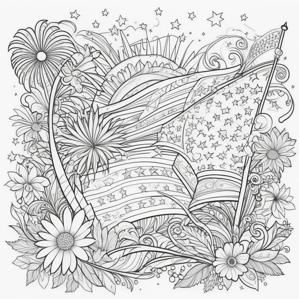 patriotic coloring page featuring a flag and flowers