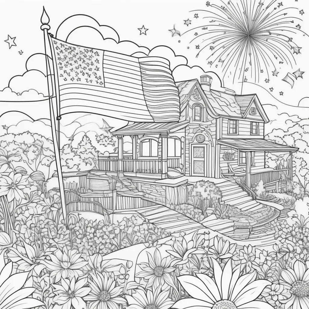 patriotic house and fireworks on coloring pages