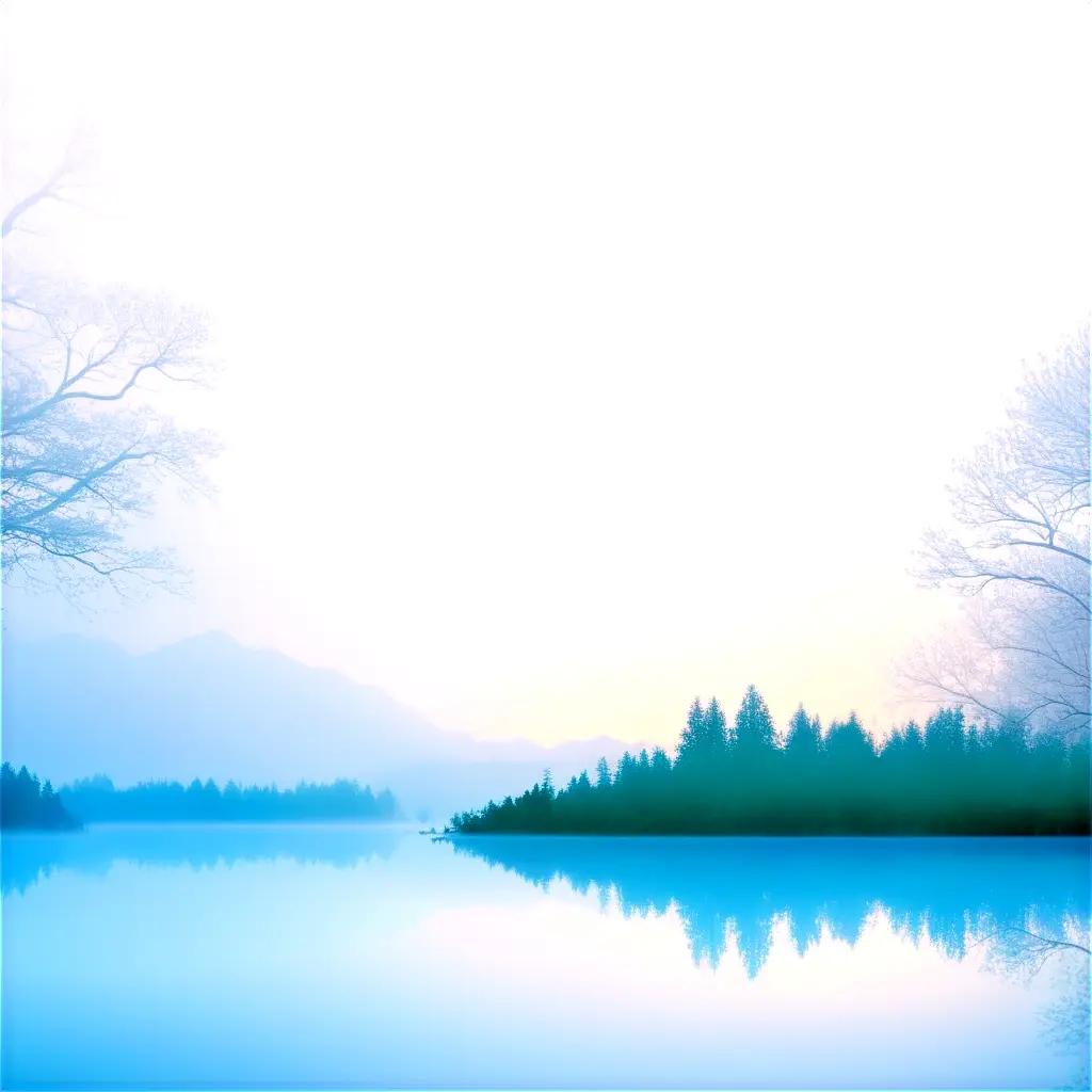 peaceful scene with trees and water reflecting the sky