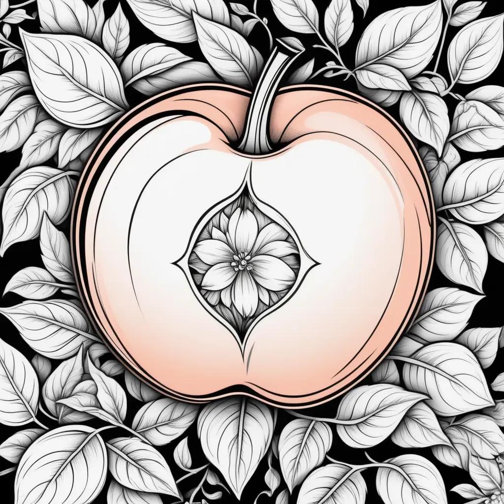 peach coloring page with leaves surrounding it