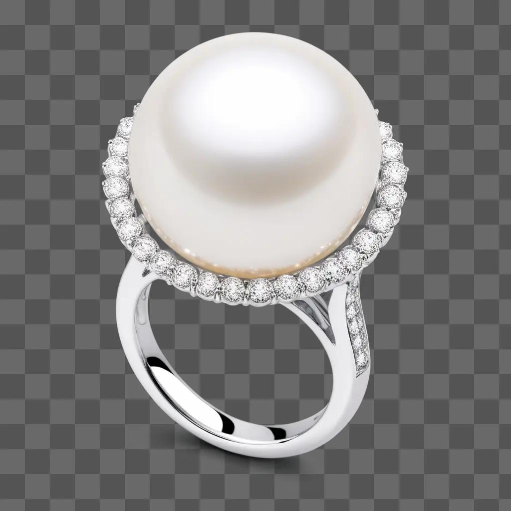 灰色の背景に真珠の指輪が置かれています