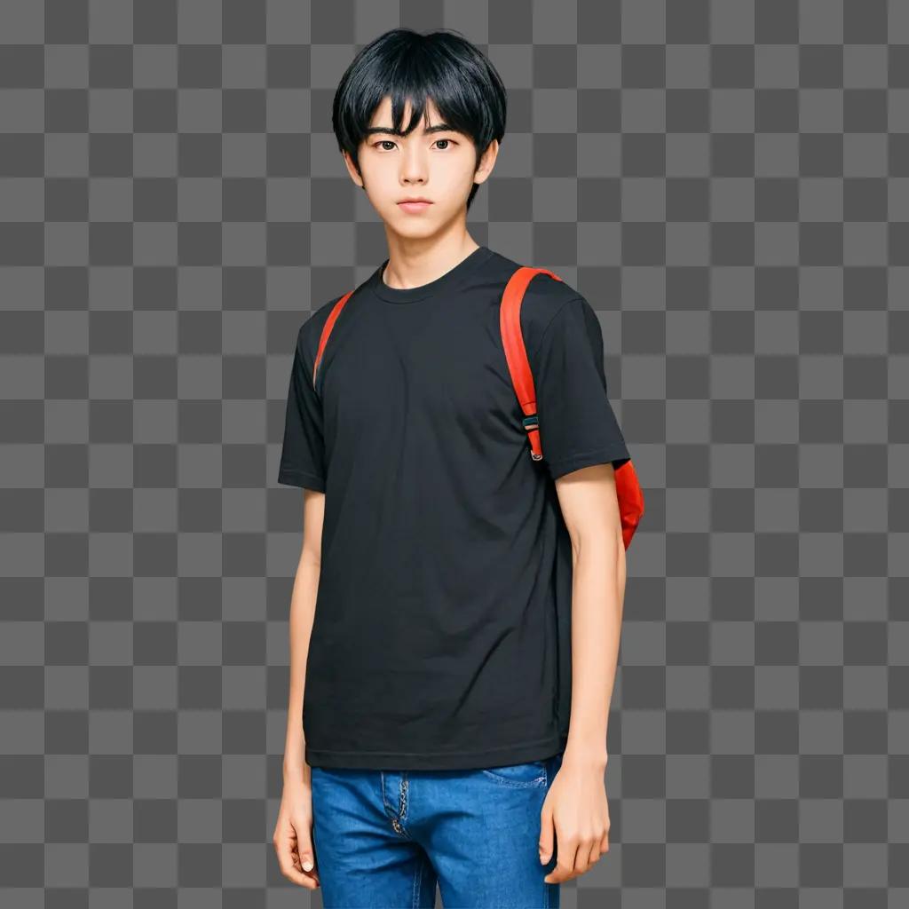 pencil anime boy drawing A young Asian boy in a black shirt with red straps