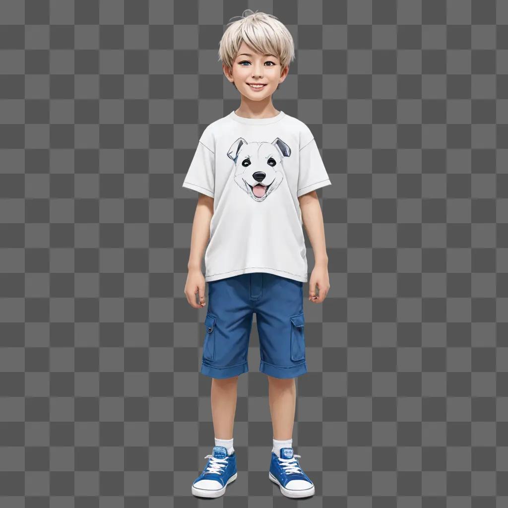 鉛筆アニメの男の子の絵 青いショートパンツとスニーカーを履いた少年が写真のポーズをとる