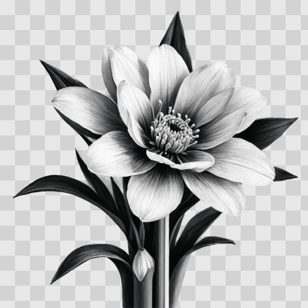 pencil flower drawing A black and white drawing of a flower