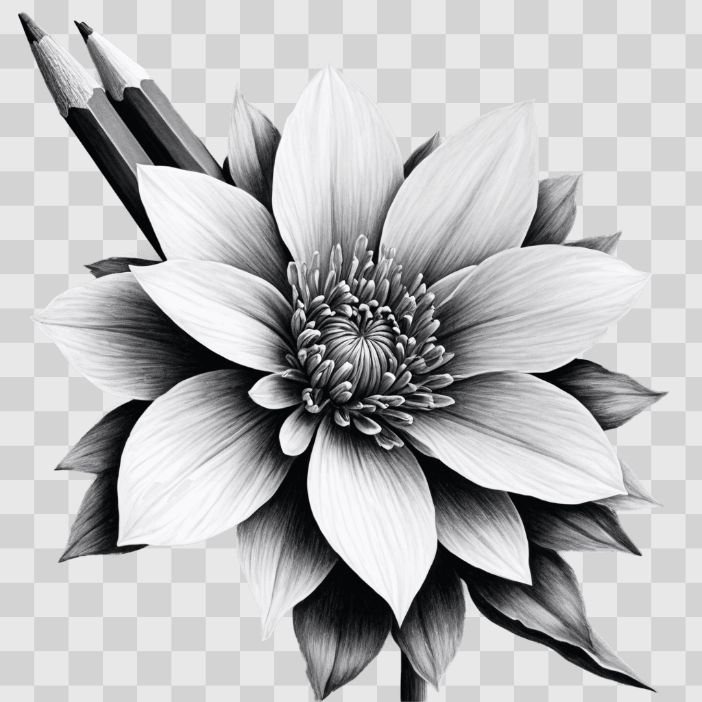 pencil flower drawing A black and white drawing of a flower with pencils