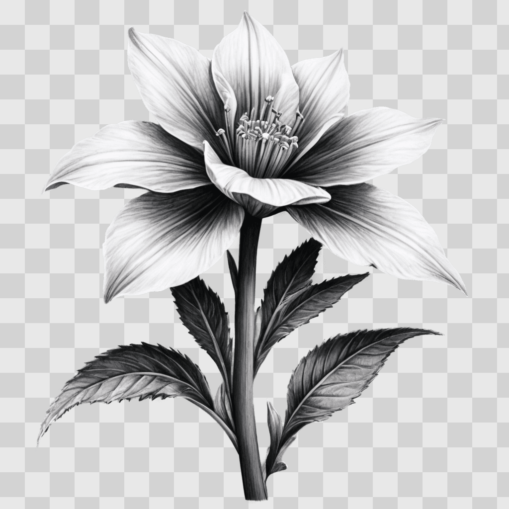 pencil flower drawing A black and white flower drawing with leaves