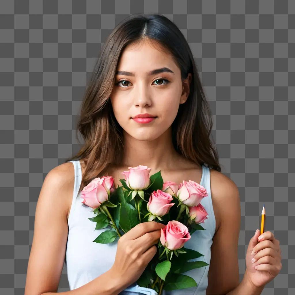 pencil flower drawing A woman holding a bouquet of pink roses