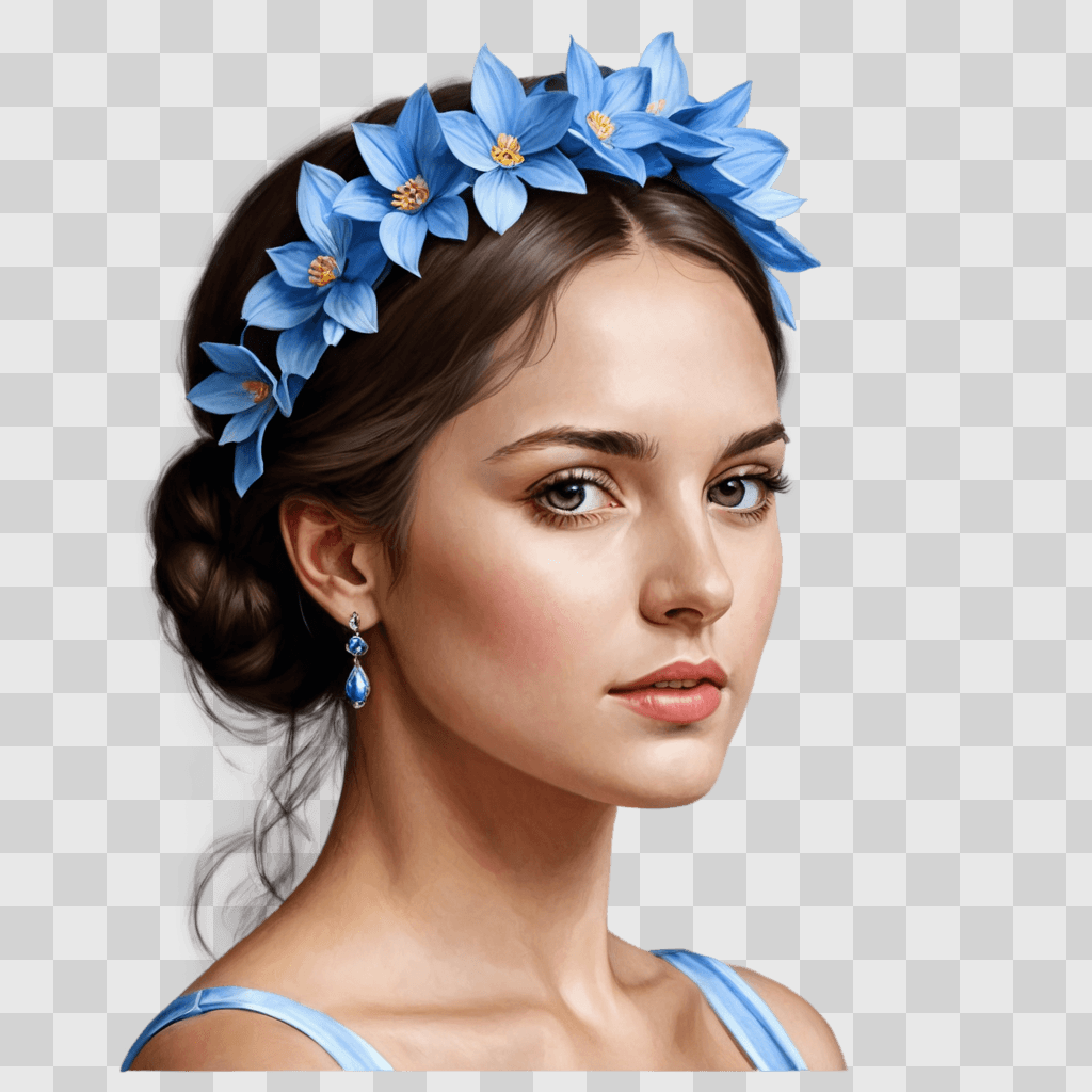 pencil flower drawing A young woman wears a blue flower crown and earrings