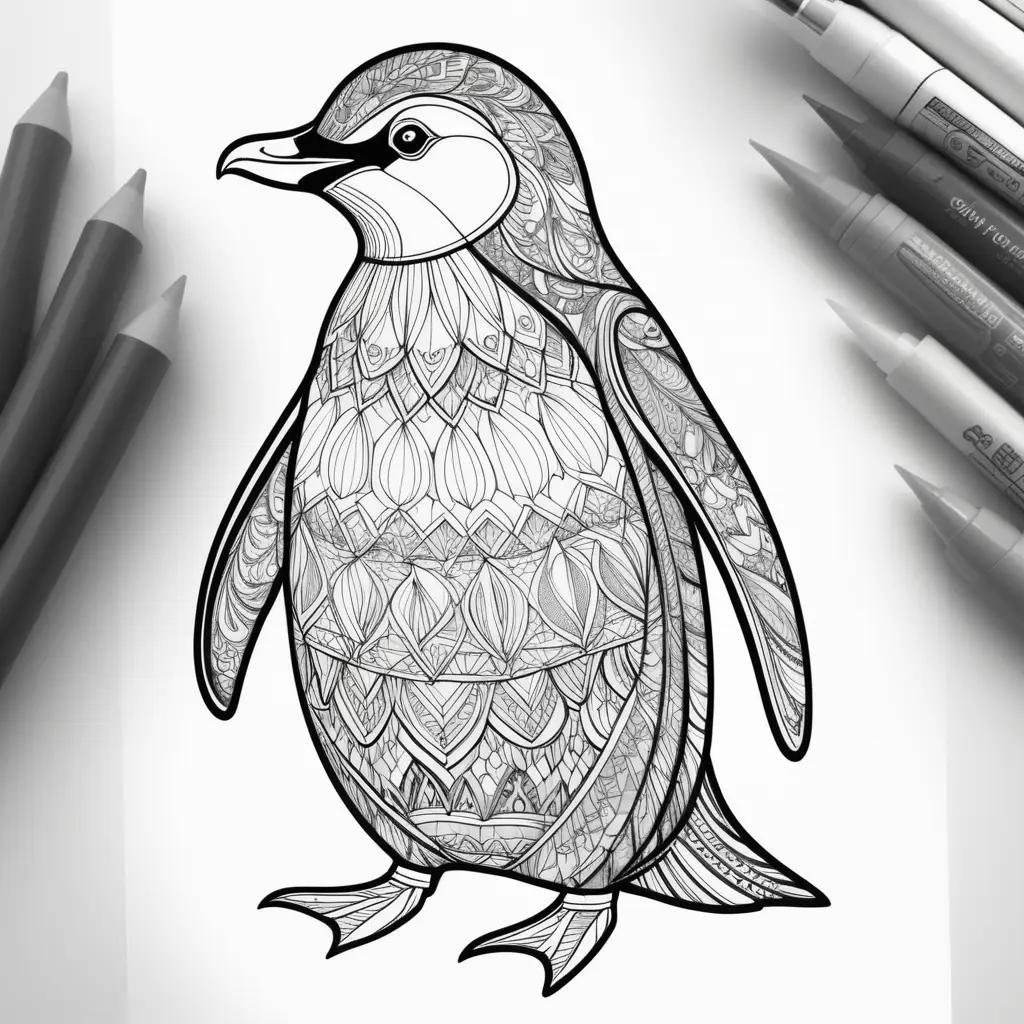 penguin coloring page with a variety of pencils nearby