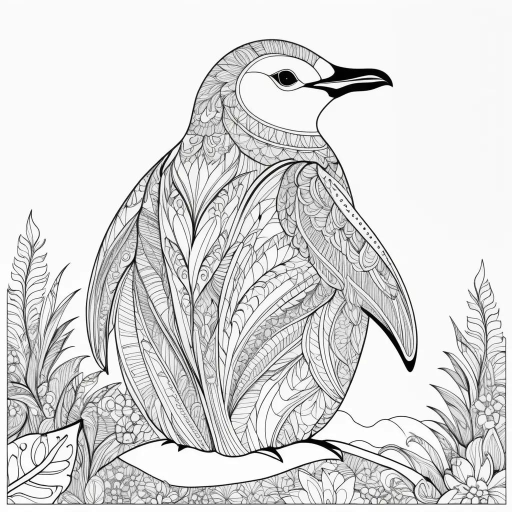 penguin is colored in a floral pattern on a coloring page