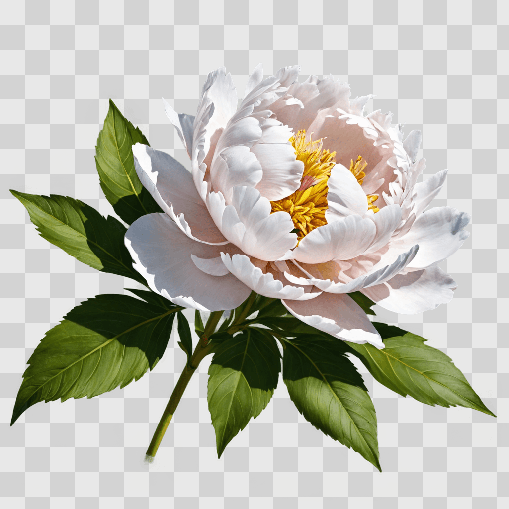 peony flower drawing A beautiful white flower with yellow center and green leaves