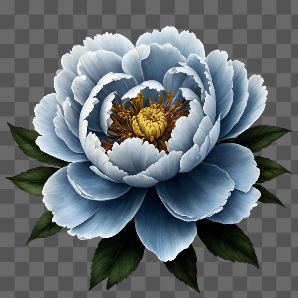 peony flower drawing A blue flower with yellow center and green leaves