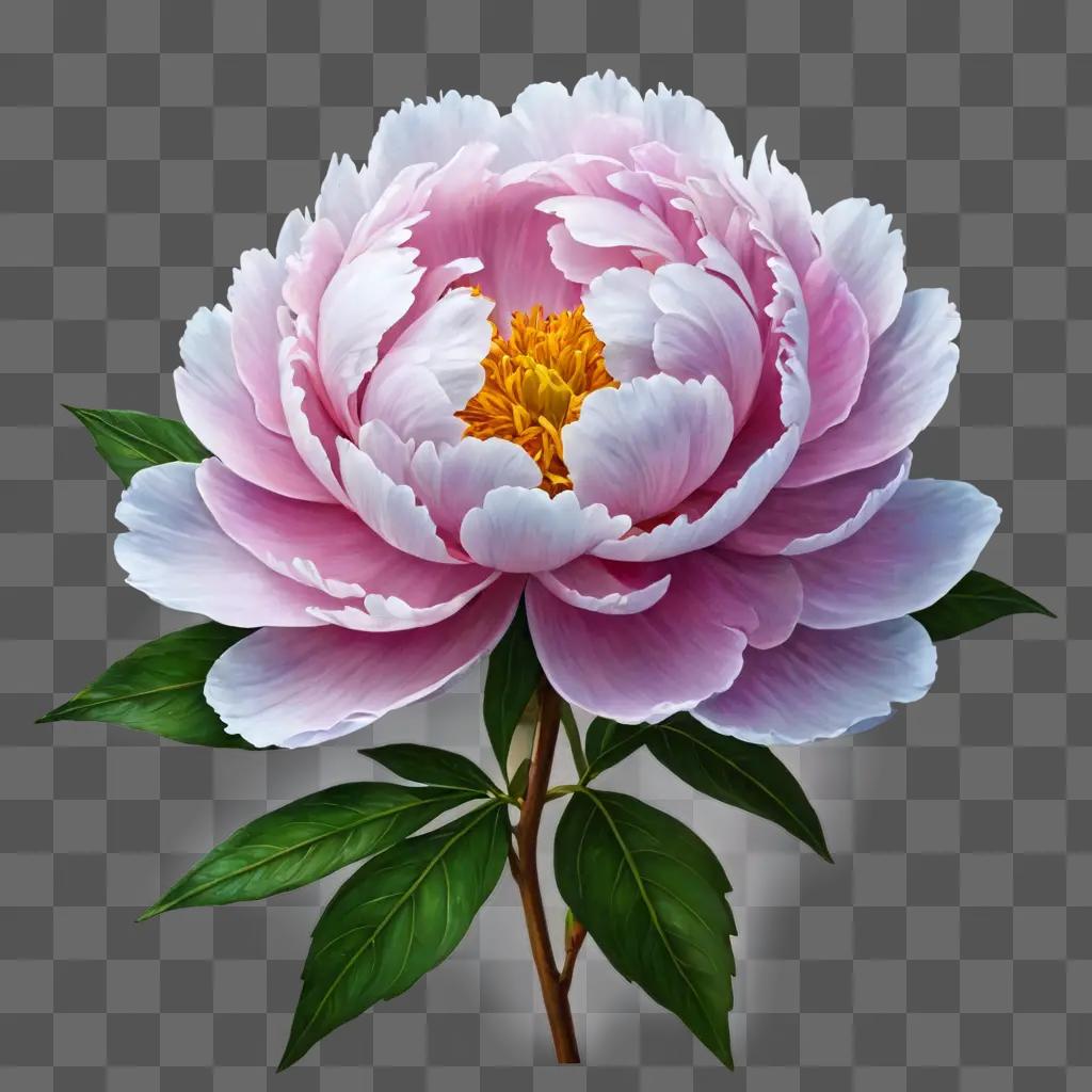 peony flower drawing A pink and white flower with green leaves