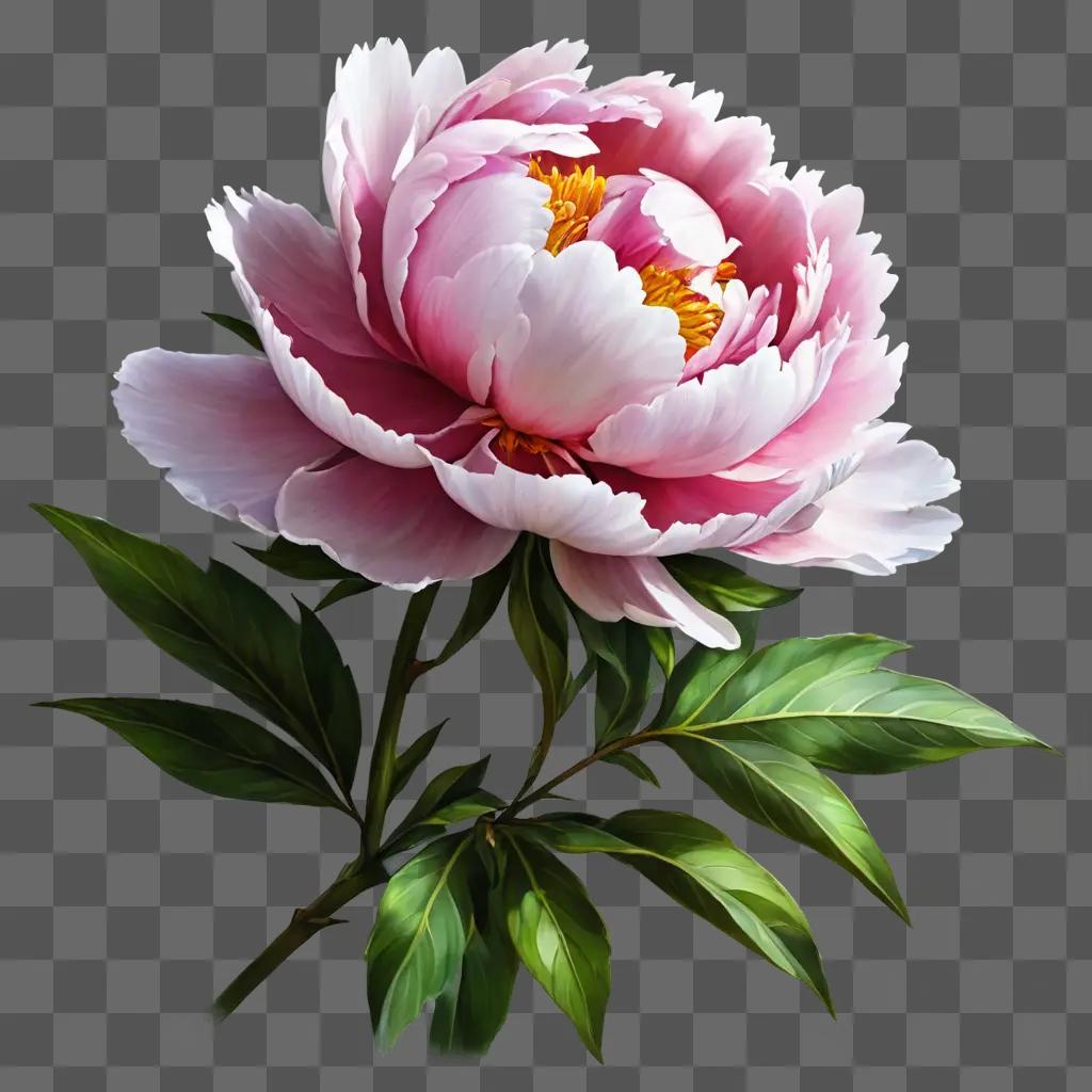 peony flower drawing A pink peony with green leaves and a green background