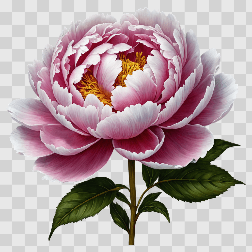 peony flower drawing A pink peony with yellow center and green leaves