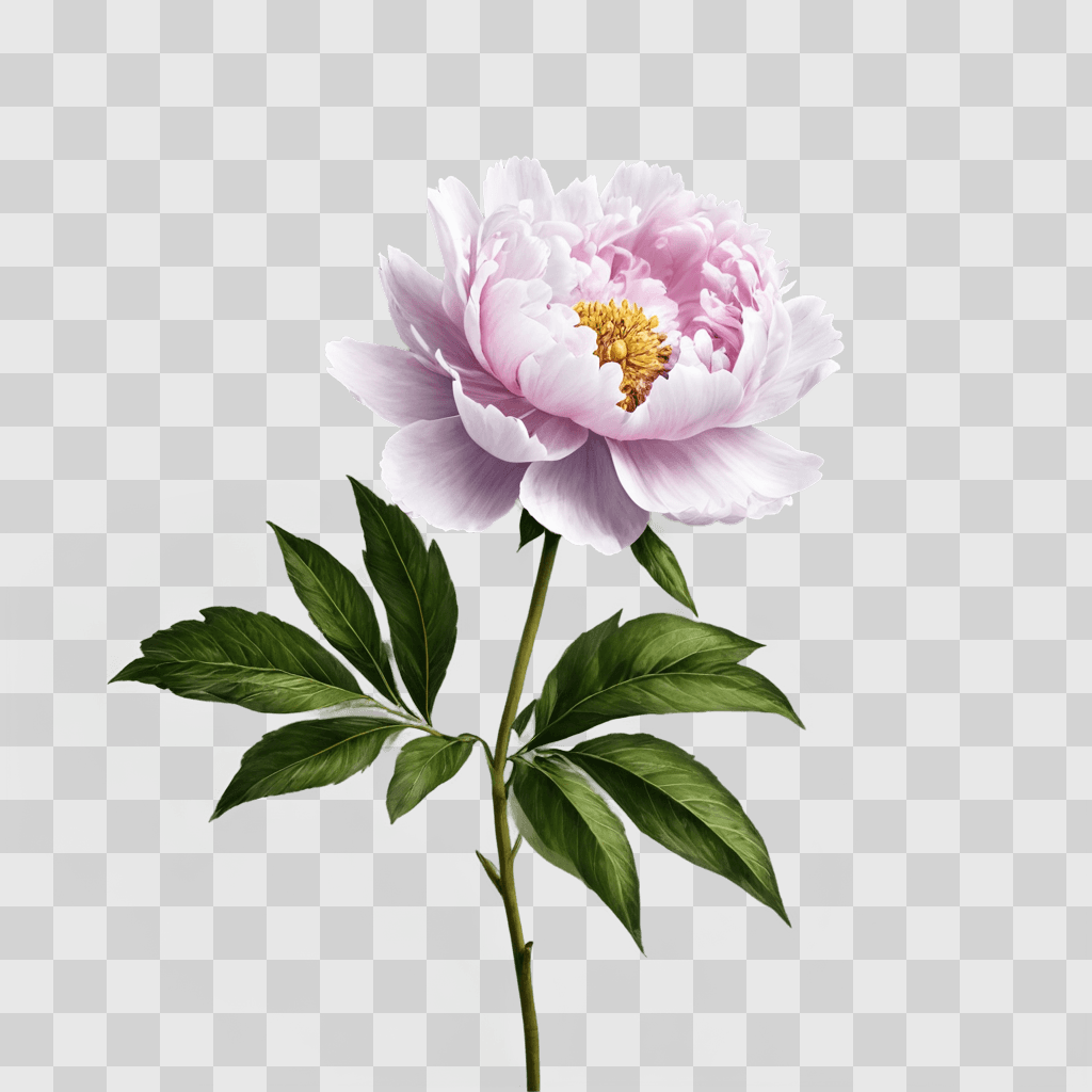 peony flower drawing A single pink peony with green leaves against a light green background