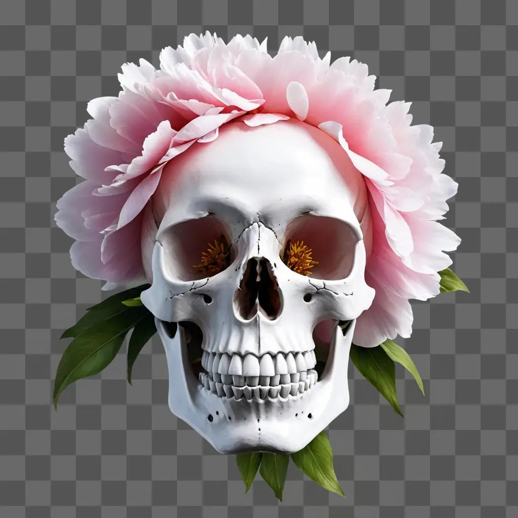 peony flower drawing A skull with a flower crown sits on a pink background