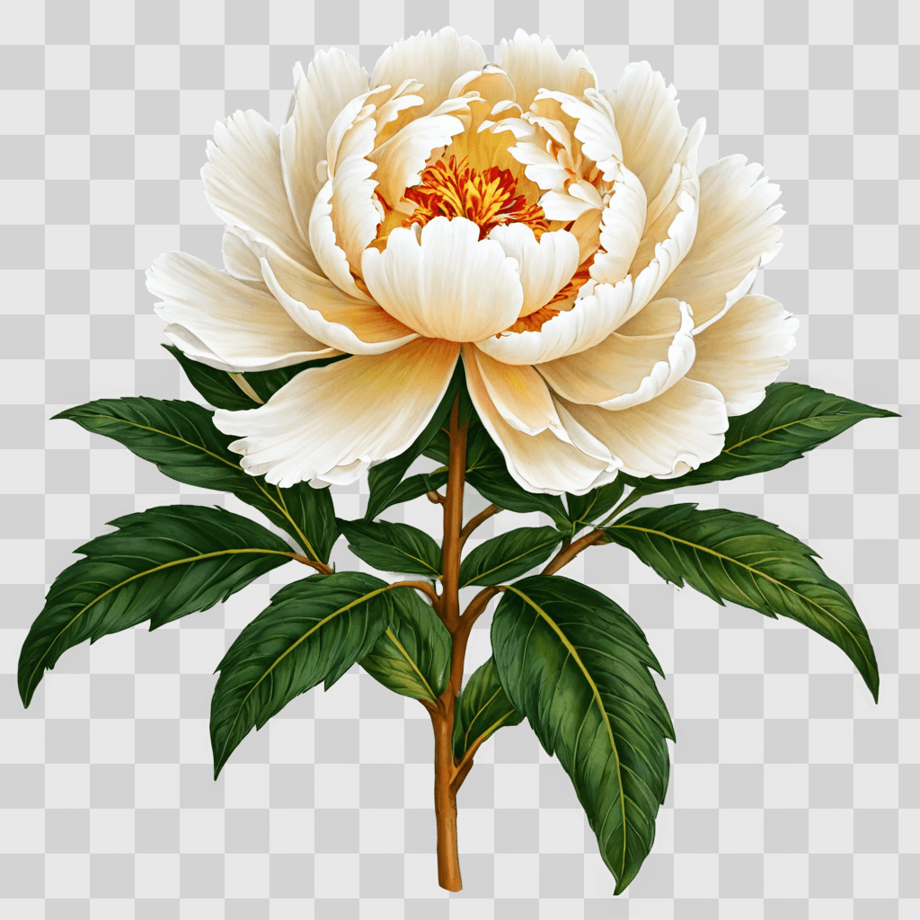 peony flower drawing A white flower with orange center on a green background