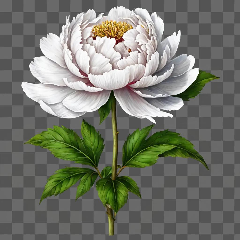 peony flower drawing A white flower with yellow center sits on green leaves