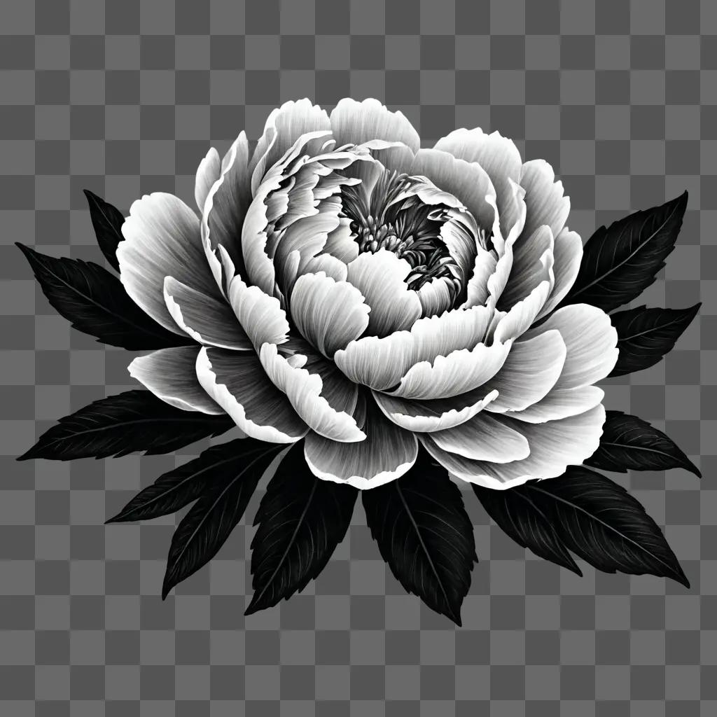 peony flower drawing Black and white photograph of a flower with leaves