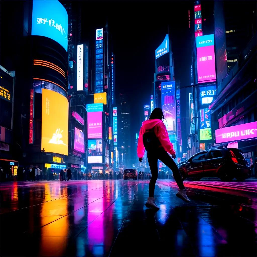 person dances in a neon lit city street